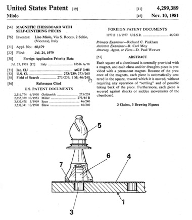 Il brevetto USA della scacchiera con pezzi autocentranti progettato da Lino Miolo