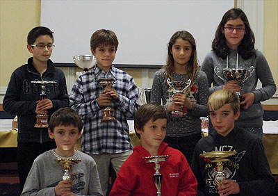I premiati del torneo B: da sinistra a destra, fila dietro, Filippo Vitali, Gabriele Lettere, Livia Fusco, Giulia Vittadello; fila davanti: Lorenzo Zarantonello, Marco Marzari, Alvise Cogo