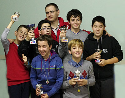 I premiati del torneo open: da sinistra, Leonardo Testa (U12), Andrea Gennari, primo classificato, Lisa Carino, prima bambina, Vittorio Casalini, secondo classificato, Alberto Boreaso (U14), Riccardo Carraro, terzo classificato.