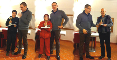 I primi tre classificati del torneo B (da sinistra a destra): Riccardo Carraro, 1°; Andrea Gennari, 2°; Gianantonio "Mirko" Manfrin,  3°