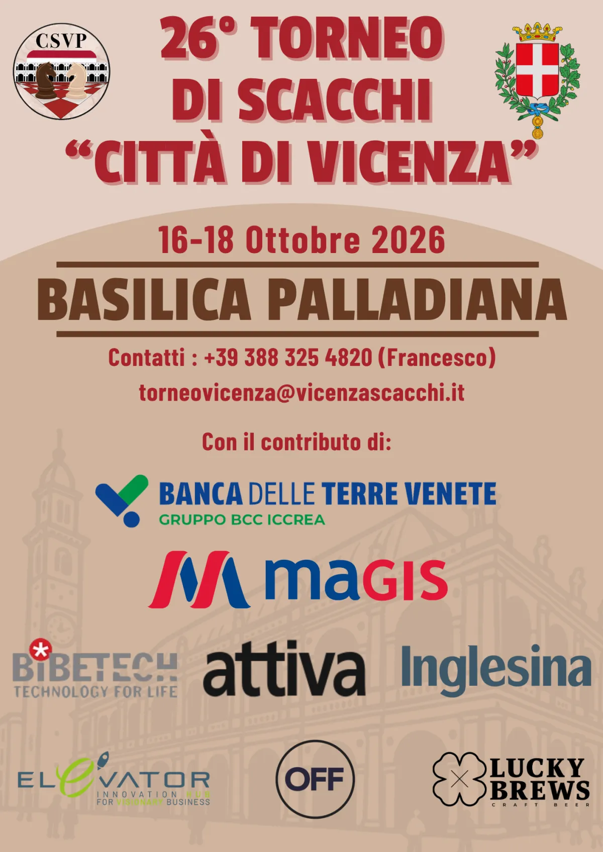 Locandina del 26° torneo di scacchi Città di Vicenza in Basilica Palladiana