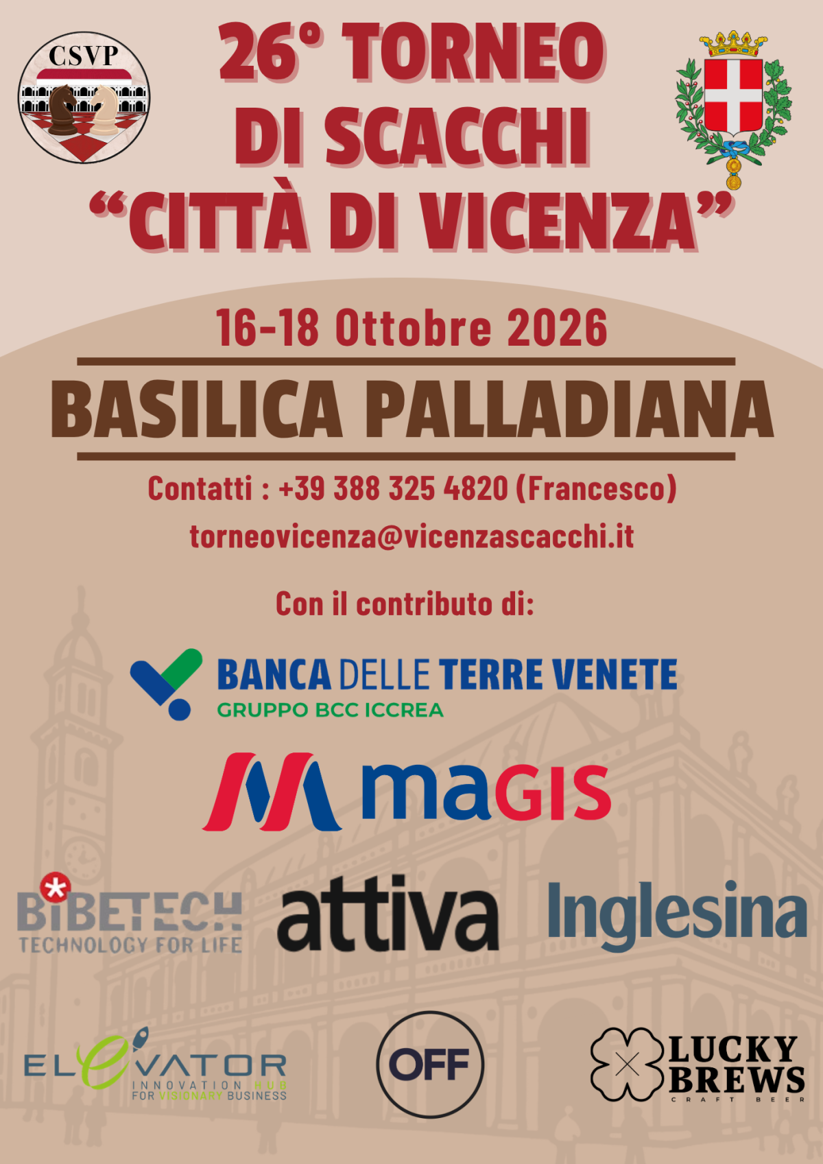 Locandina del XXVI Torneo di scacchi Città di Vicenza, 16–18 ottobre 2026, Basilica Palladiana