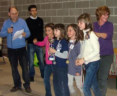 Le vincitrici del torneo femminile riservato alle primarie, IC 6 - Scuola Zanella di Vicenza: da sinistra a destra: Livia Fusco, Lisa Carino, Maria Elena Abbatelli, Emma Bellan