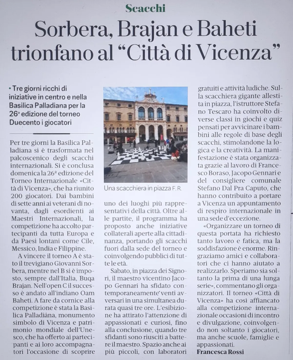 Articolo di giornale sul XXVI Torneo di Vicenza