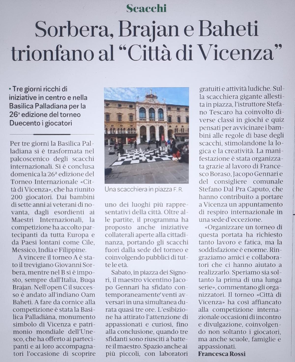 Articolo di giornale sul XXVI Torneo di Vicenza