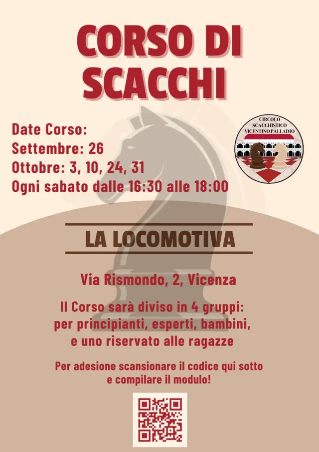 Locandina del corso di scacchi alla Locomotiva, ogni sabato dalle 16:30 alle 18:00