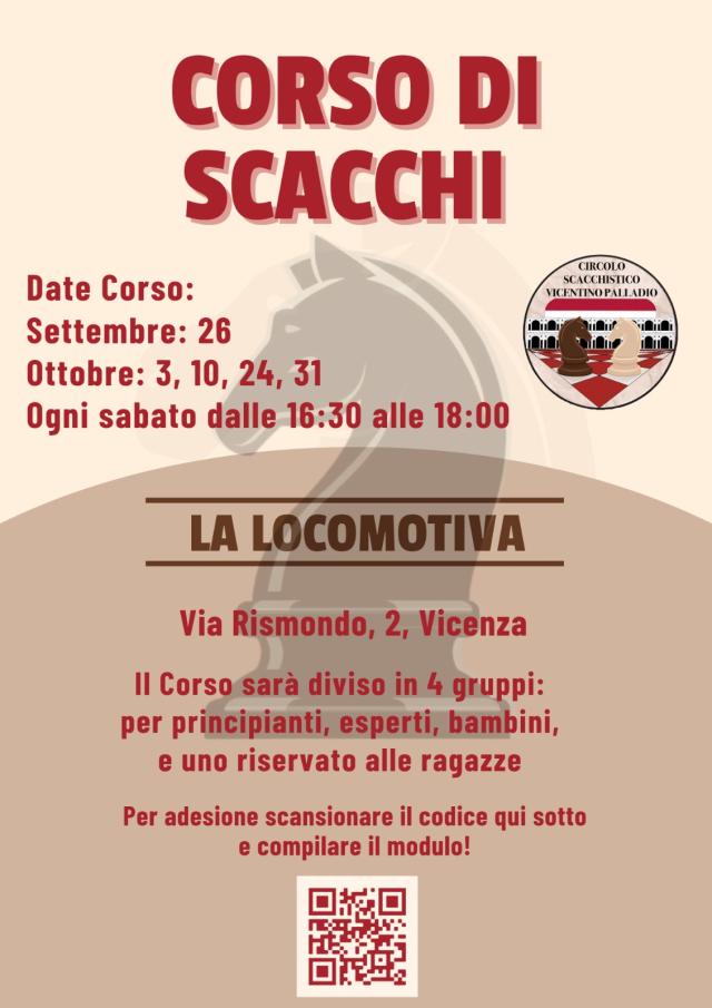 Locandina del corso di scacchi alla Locomotiva, ogni sabato dalle 16:30 alle 18:00