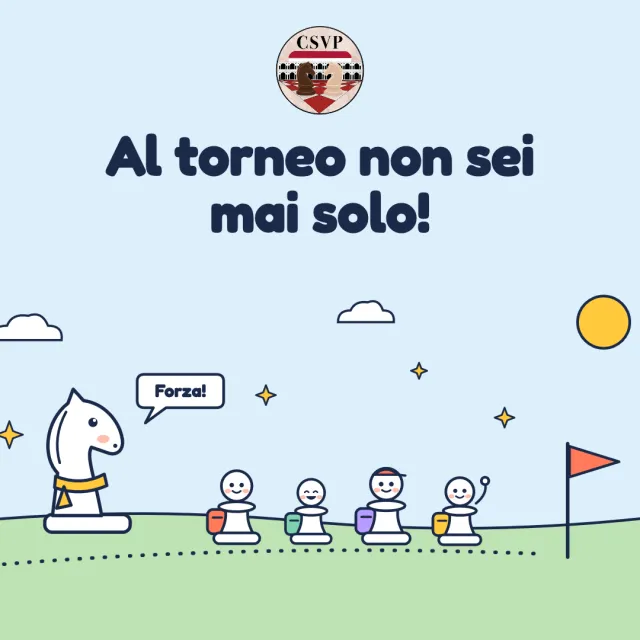 Al torneo non sei mai solo! Un cavallo incoraggia quattro pedoni in cammino verso il traguardo
